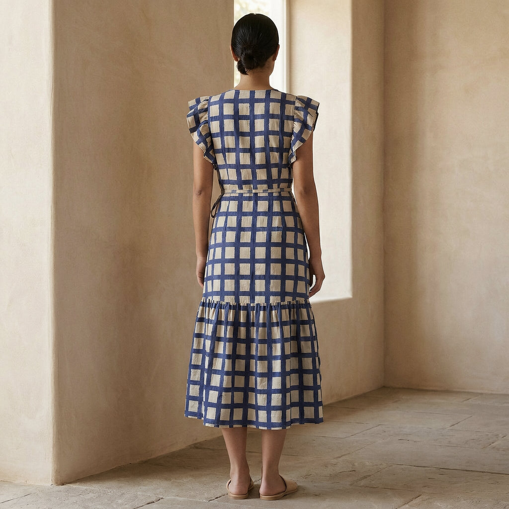 White-Blue Checks Block Print Cotton Ruffle Midi Wrap Dress