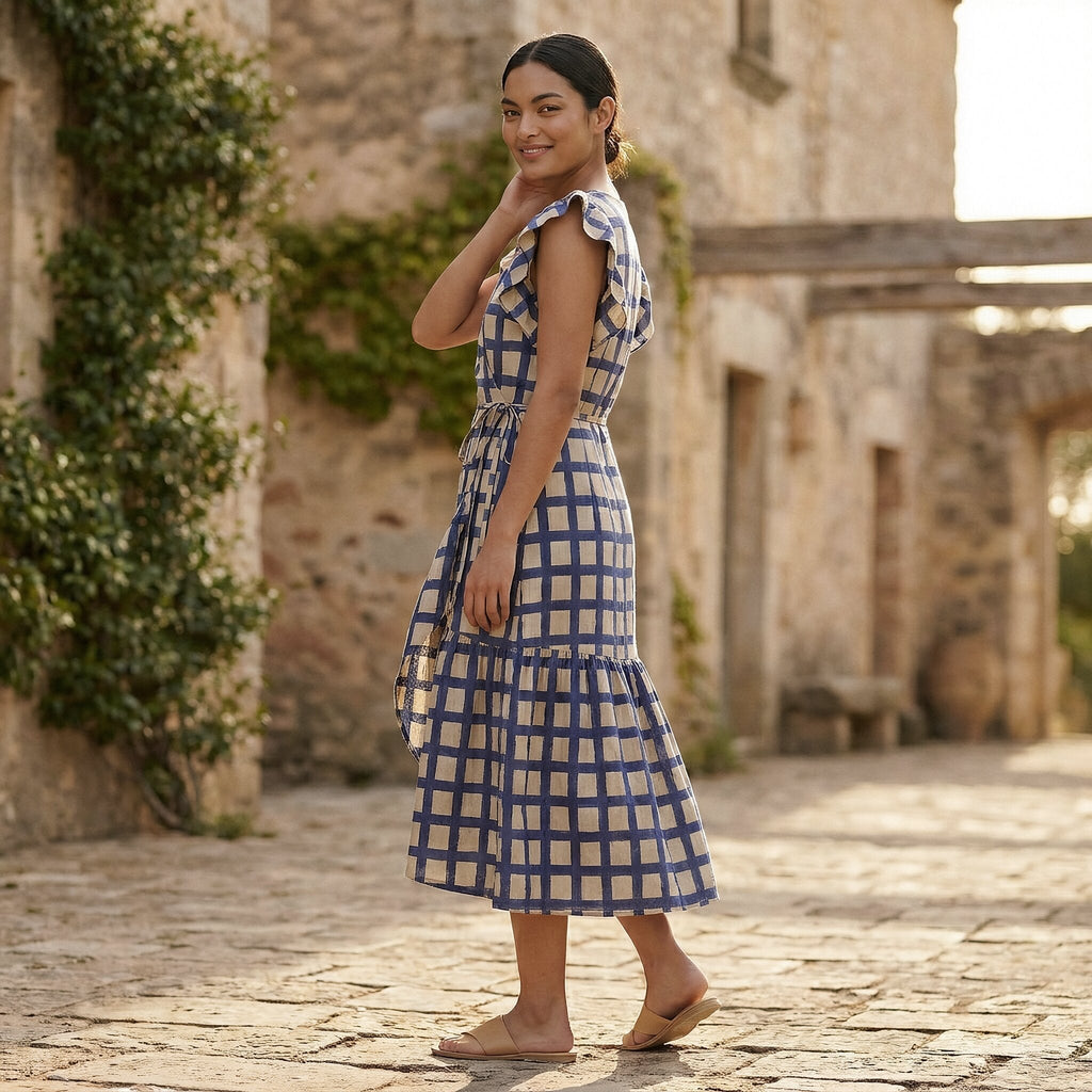 White-Blue Checks Block Print Cotton Ruffle Midi Wrap Dress