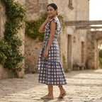 White-Blue Checks Block Print Cotton Ruffle Midi Wrap Dress