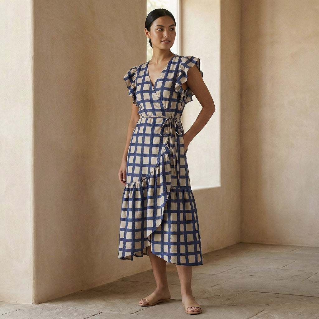 White-Blue Checks Block Print Cotton Ruffle Midi Wrap Dress