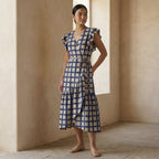 White-Blue Checks Block Print Cotton Ruffle Midi Wrap Dress