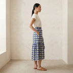 White-Blue Checks Block Print Cotton Ruffle Midi Wrap Skirt