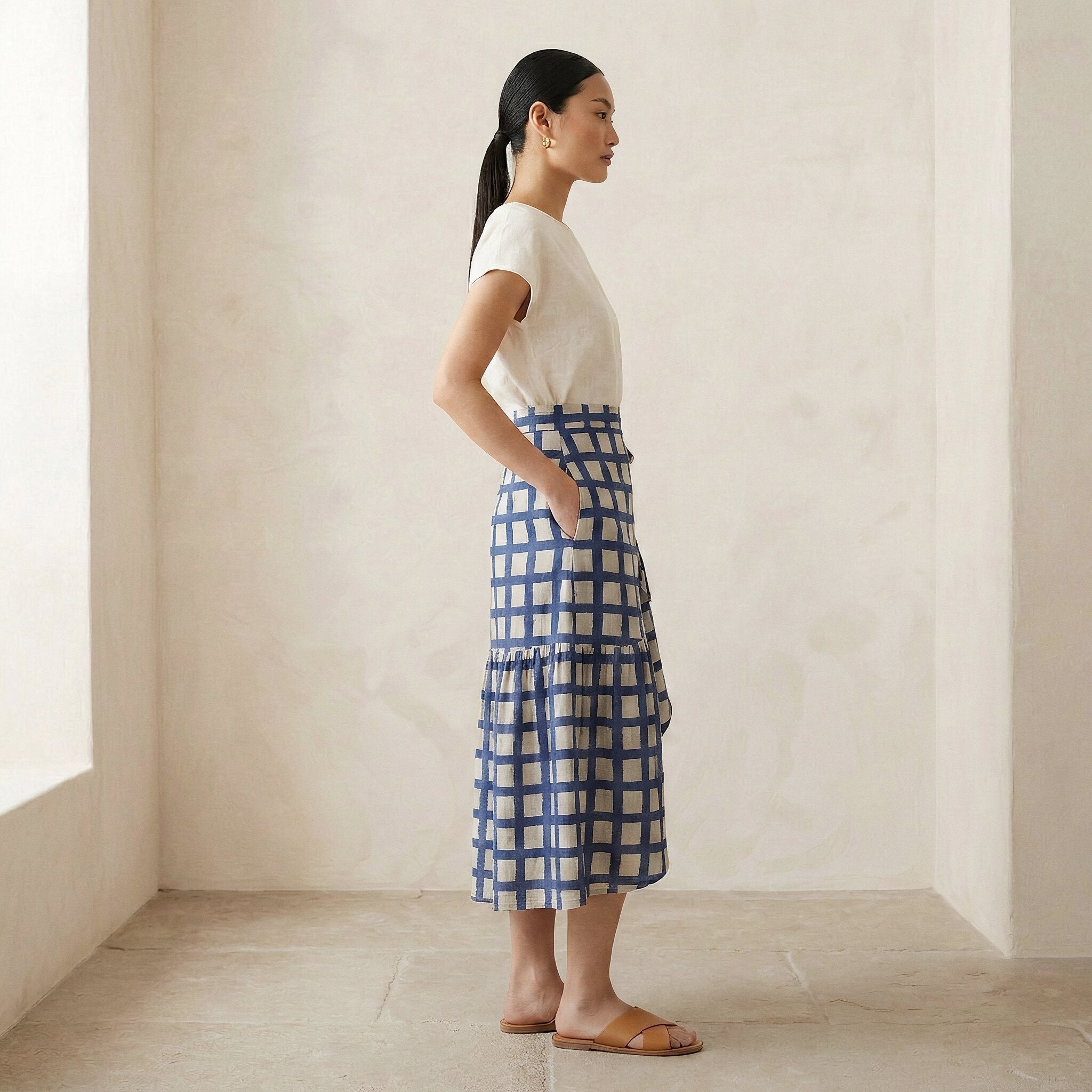 White-Blue Checks Block Print Cotton Ruffle Midi Wrap Skirt
