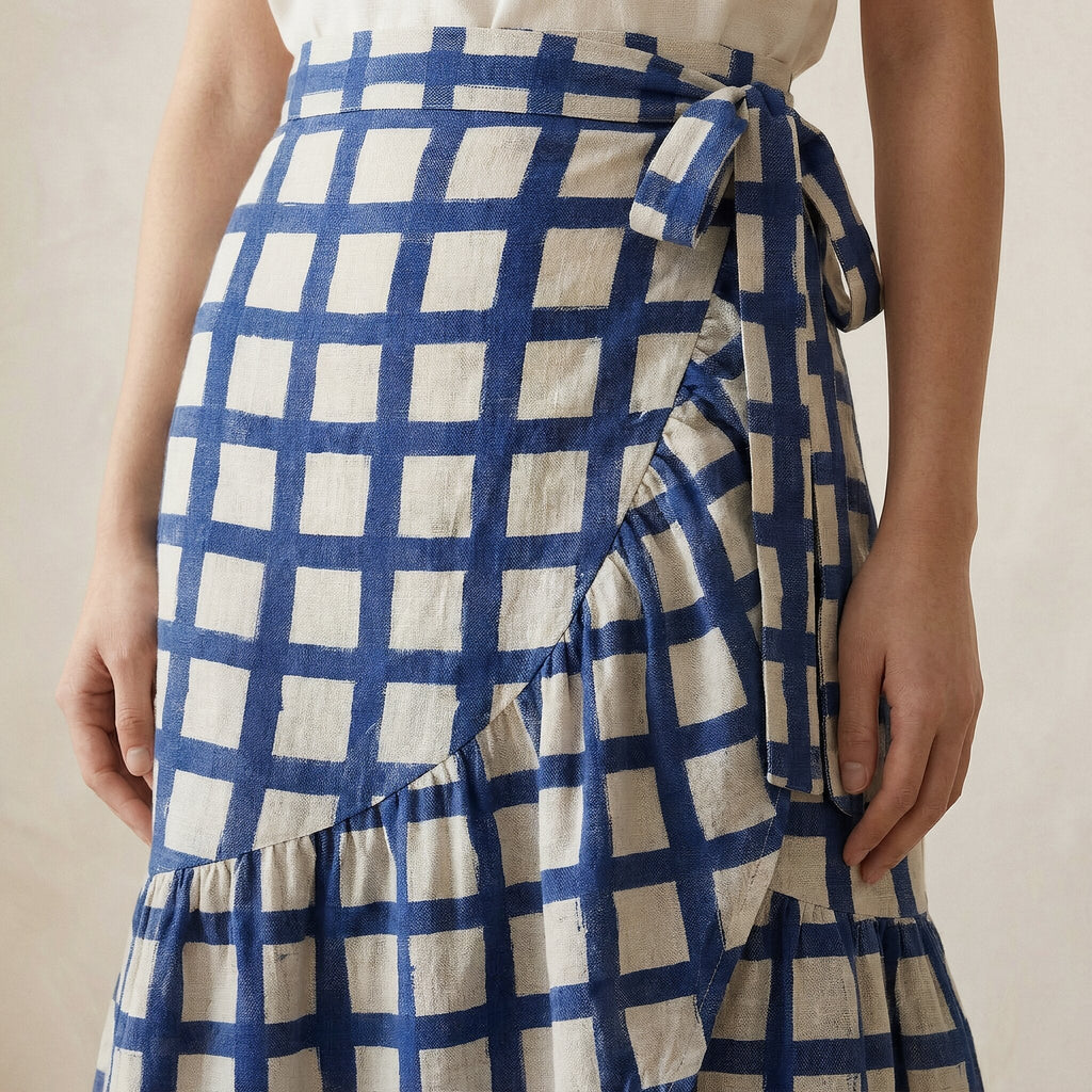 White-Blue Checks Block Print Cotton Ruffle Midi Wrap Skirt
