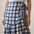 White-Blue Checks Block Print Cotton Ruffle Midi Wrap Skirt