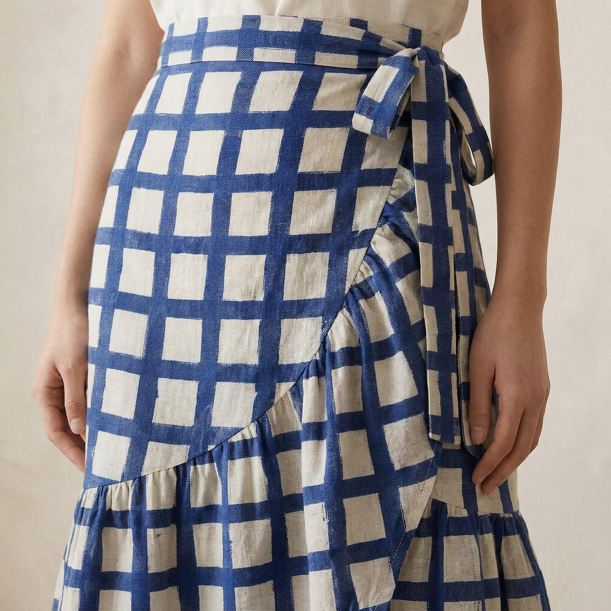 White-Blue Checks Block Print Cotton Ruffle Midi Wrap Skirt