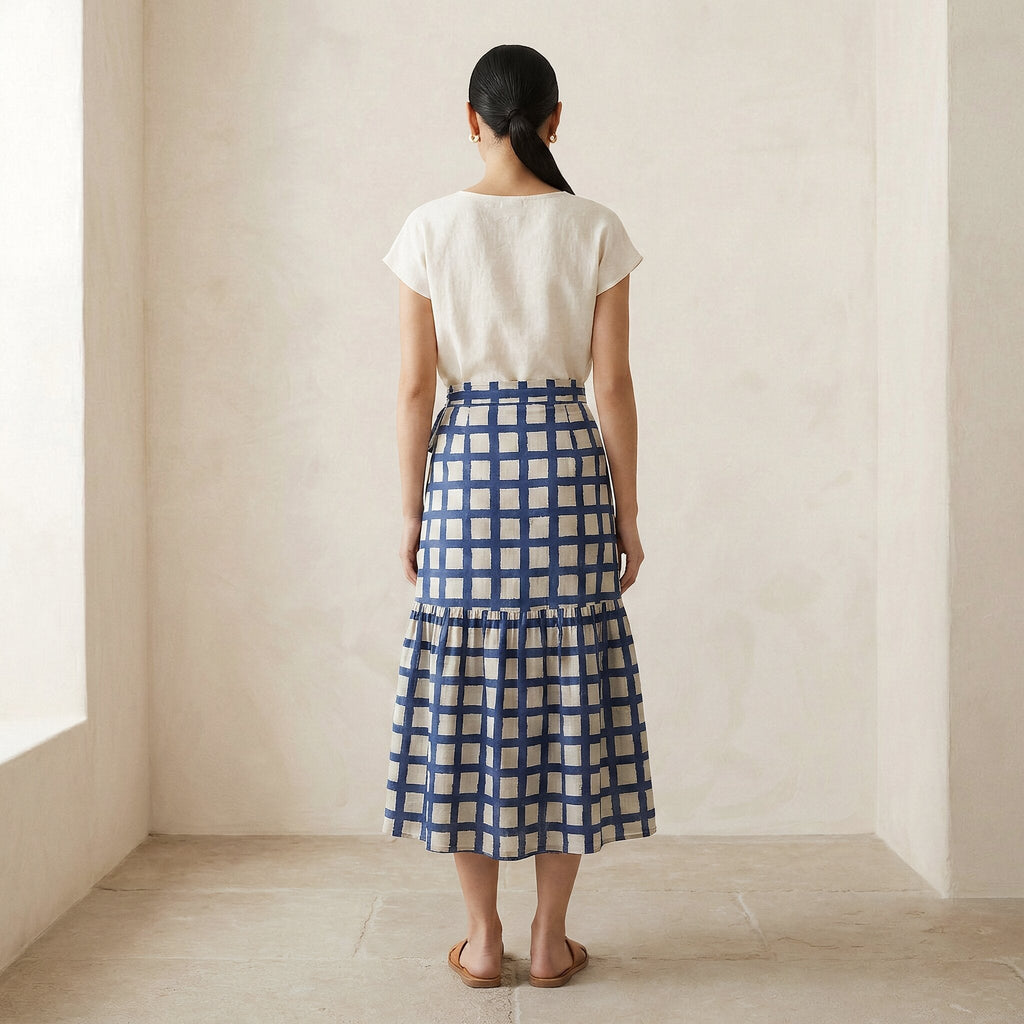 White-Blue Checks Block Print Cotton Ruffle Midi Wrap Skirt