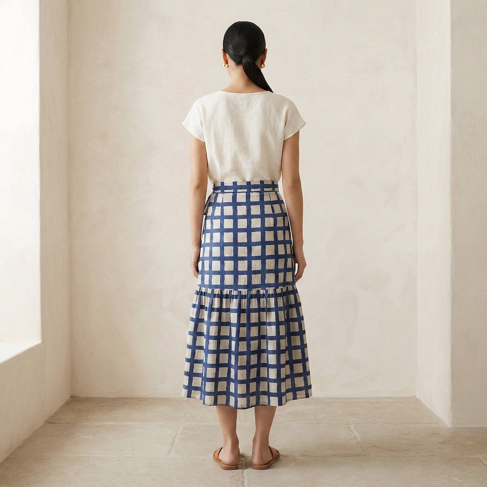 White-Blue Checks Block Print Cotton Ruffle Midi Wrap Skirt