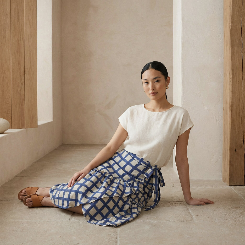 White-Blue Checks Block Print Cotton Ruffle Midi Wrap Skirt