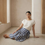 White-Blue Checks Block Print Cotton Ruffle Midi Wrap Skirt