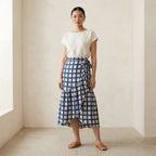 White-Blue Checks Block Print Cotton Ruffle Midi Wrap Skirt