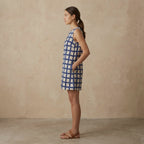 White-Blue Checks Block Print Cotton Sleeveless A-Line Short Shift Dress