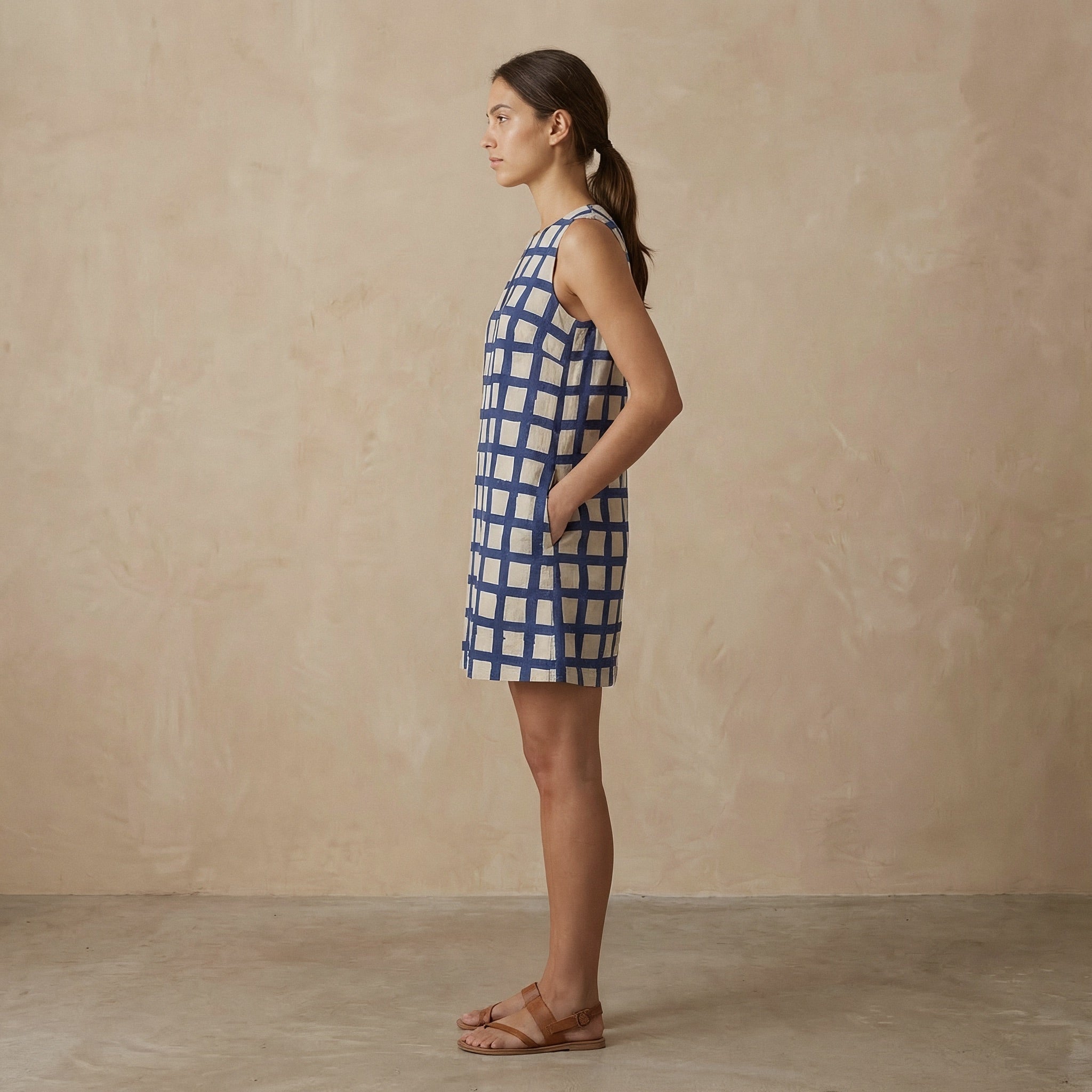 White-Blue Checks Block Print Cotton Sleeveless A-Line Short Shift Dress