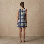 White-Blue Checks Block Print Cotton Sleeveless A-Line Short Shift Dress