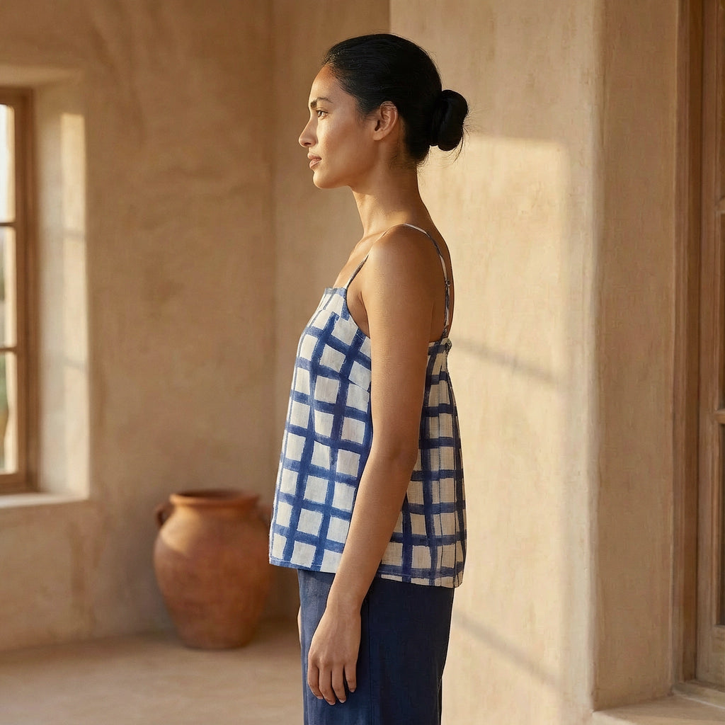 White-Blue Checks Block Printed Cotton Spaghetti Strap Top with Elastic Gathered Back