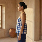 White-Blue Checks Block Printed Cotton Spaghetti Strap Top with Elastic Gathered Back