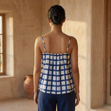 White-Blue Checks Block Printed Cotton Spaghetti Strap Top with Elastic Gathered Back
