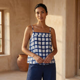 White-Blue Checks Block Printed Cotton Spaghetti Strap Top with Elastic Gathered Back