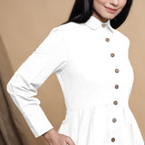 Front Detail of a Model wearing White Button Down Cotton Flax Knee Length Formal Dress