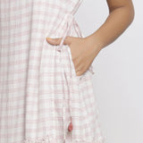 Front Detail of a Model wearing White Checks Handspun Cotton Muslin Midi Wrap Dress