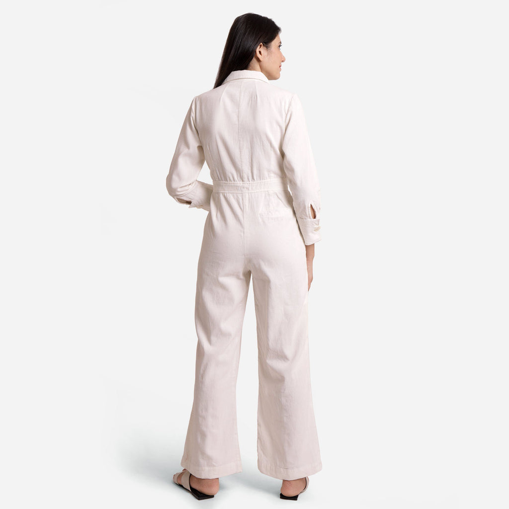 Back View of a Model wearing White Cotton Corduroy Regular Fit Overalls