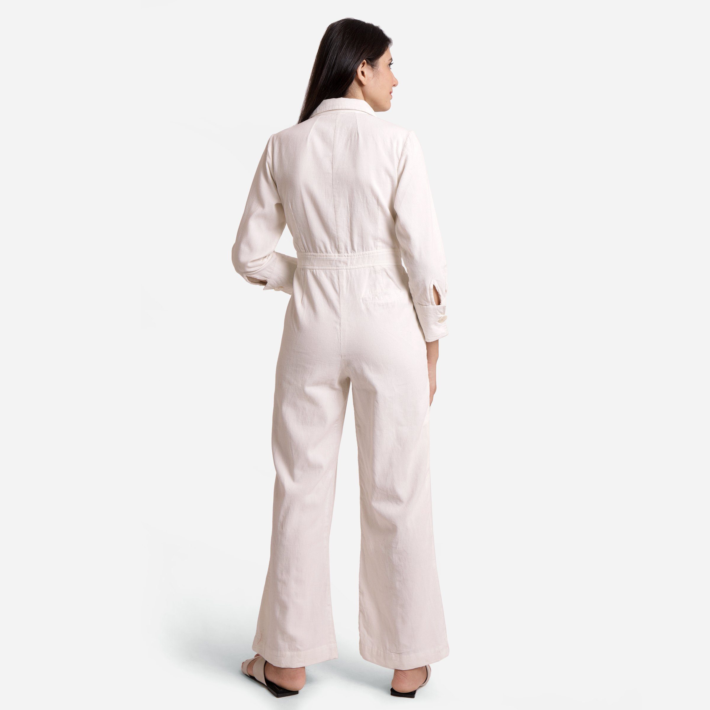 Back View of a Model wearing White Cotton Corduroy Regular Fit Overalls