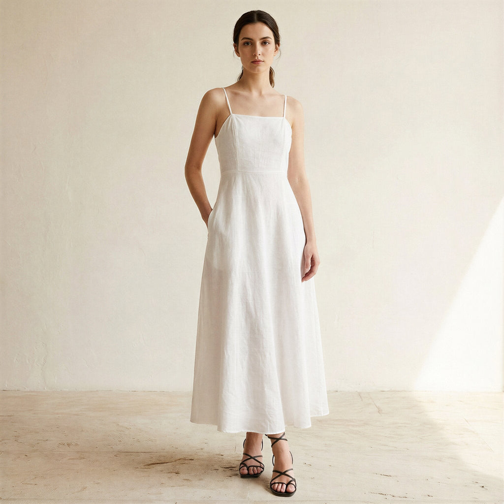 White Cotton Ankle Length Flared Sundress