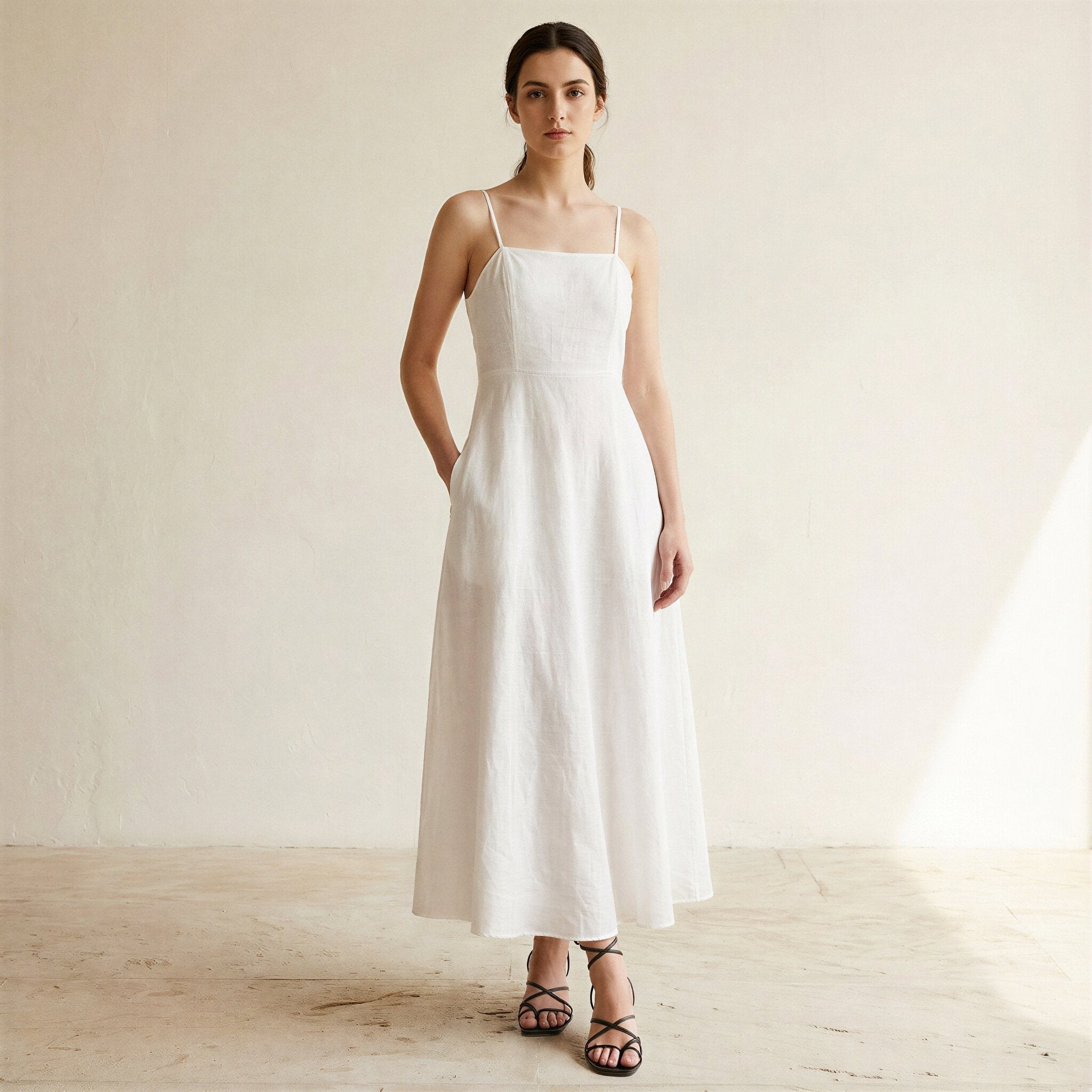 White Cotton Ankle Length Flared Sundress