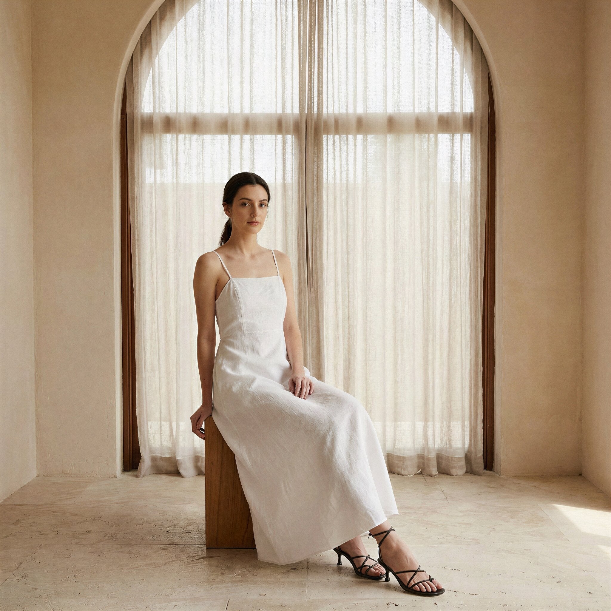 White Cotton Ankle Length Flared Sundress