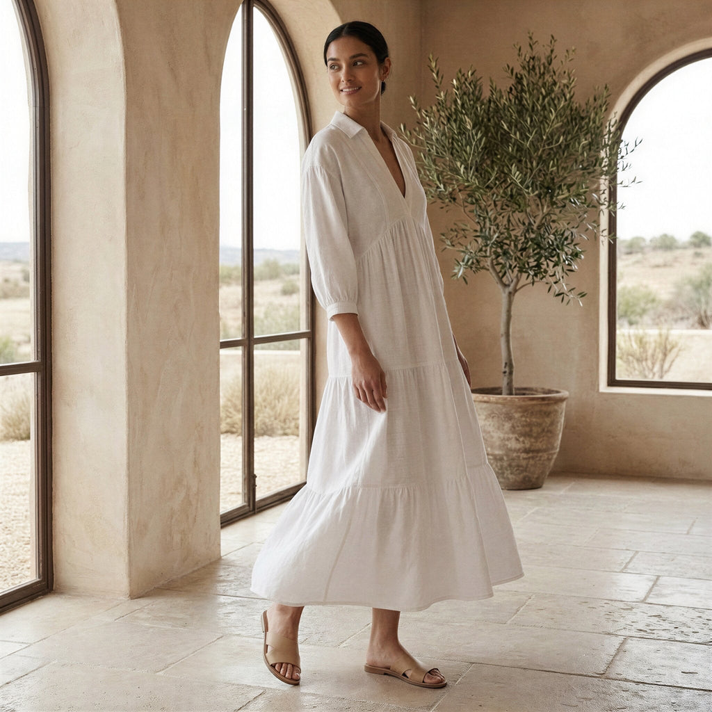 White Cotton Deep-V Maxi Tier Dress