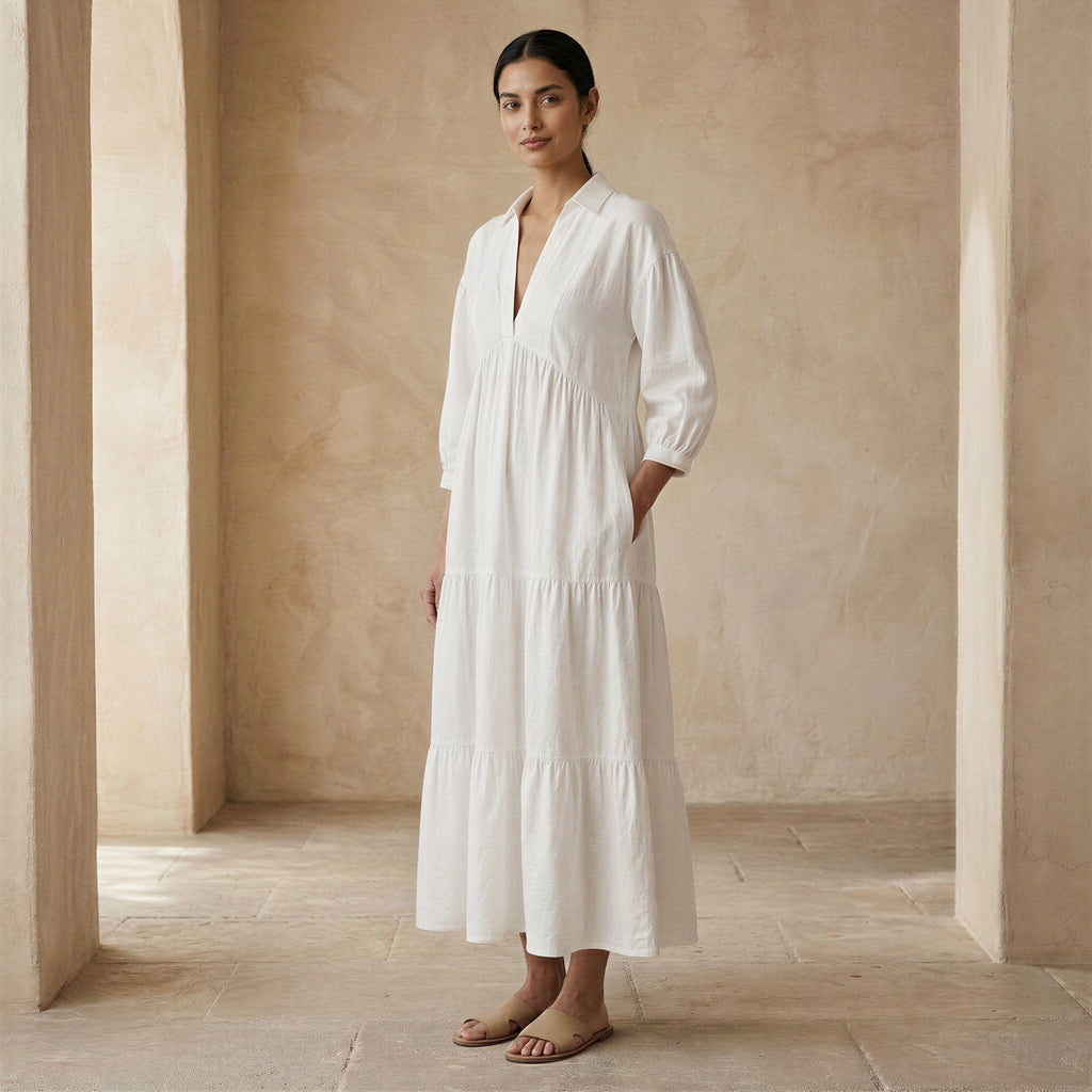 White Cotton Deep-V Maxi Tier Dress