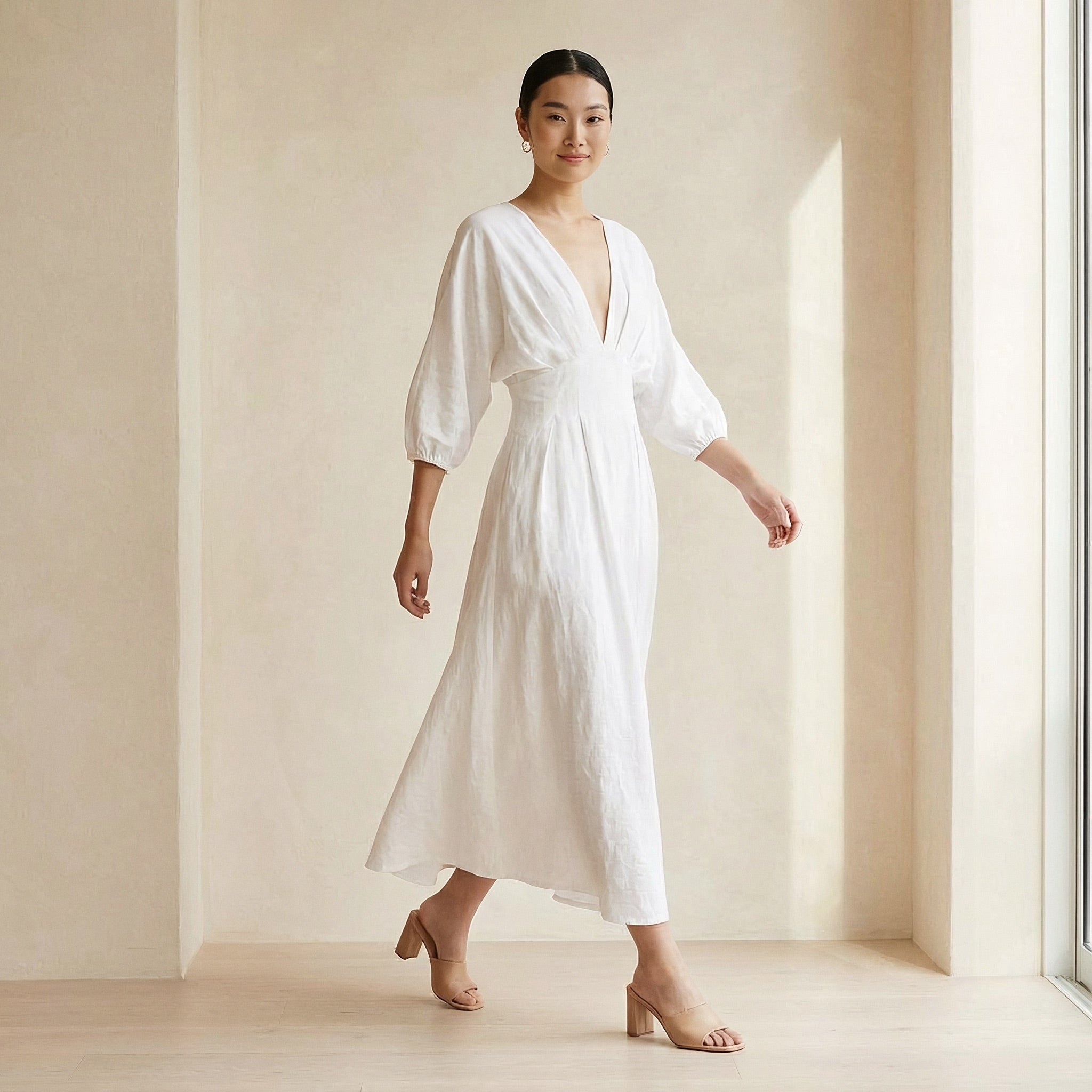 White Cotton Deep-V Neck Empire Waist Maxi Dress
