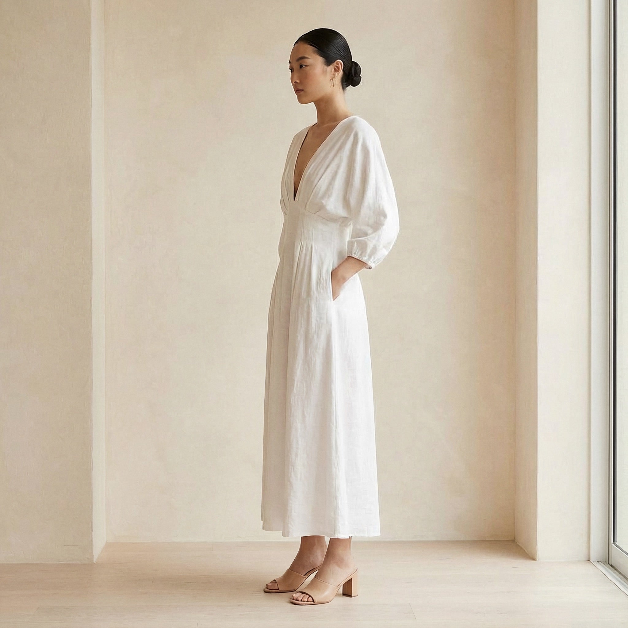 White Cotton Deep-V Neck Empire Waist Maxi Dress