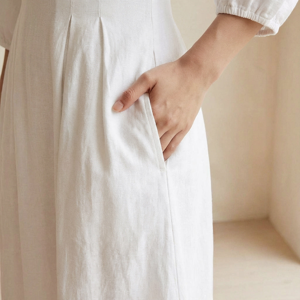 White Cotton Deep-V Neck Empire Waist Maxi Dress