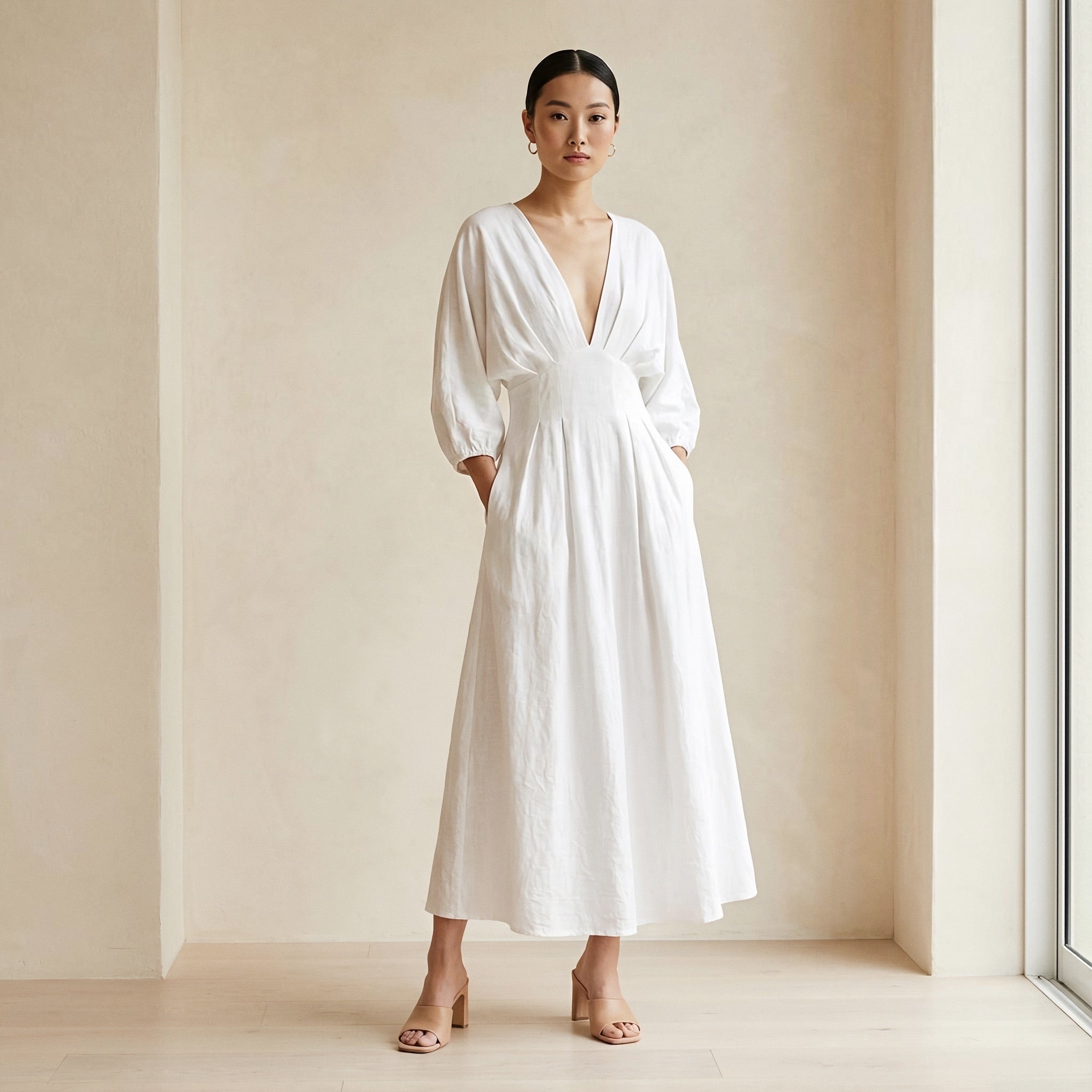 White Cotton Deep-V Neck Empire Waist Maxi Dress