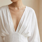 White Cotton Deep-V Neck Empire Waist Maxi Dress