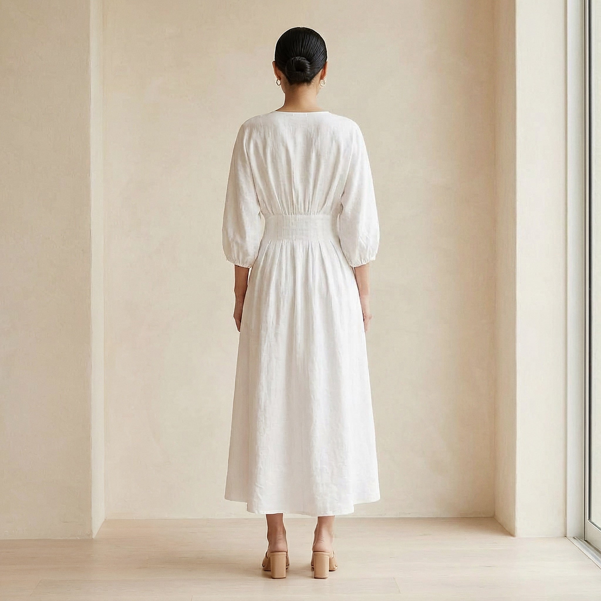 White Cotton Deep-V Neck Empire Waist Maxi Dress