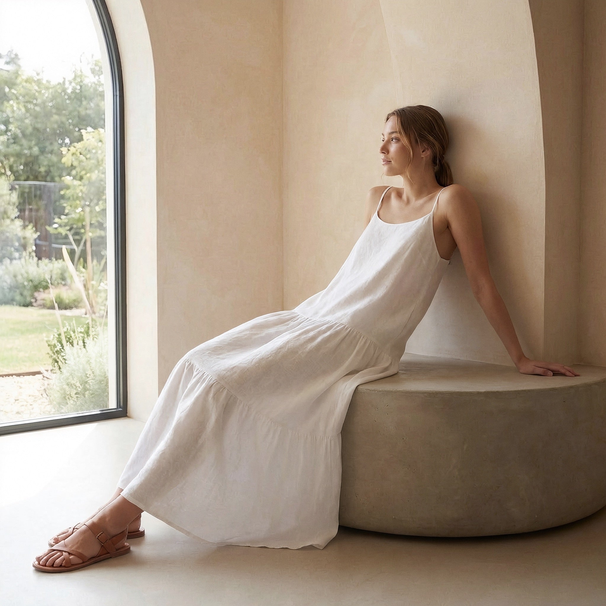 White Cotton Drop-Waist Camisole Maxi Tier Dress