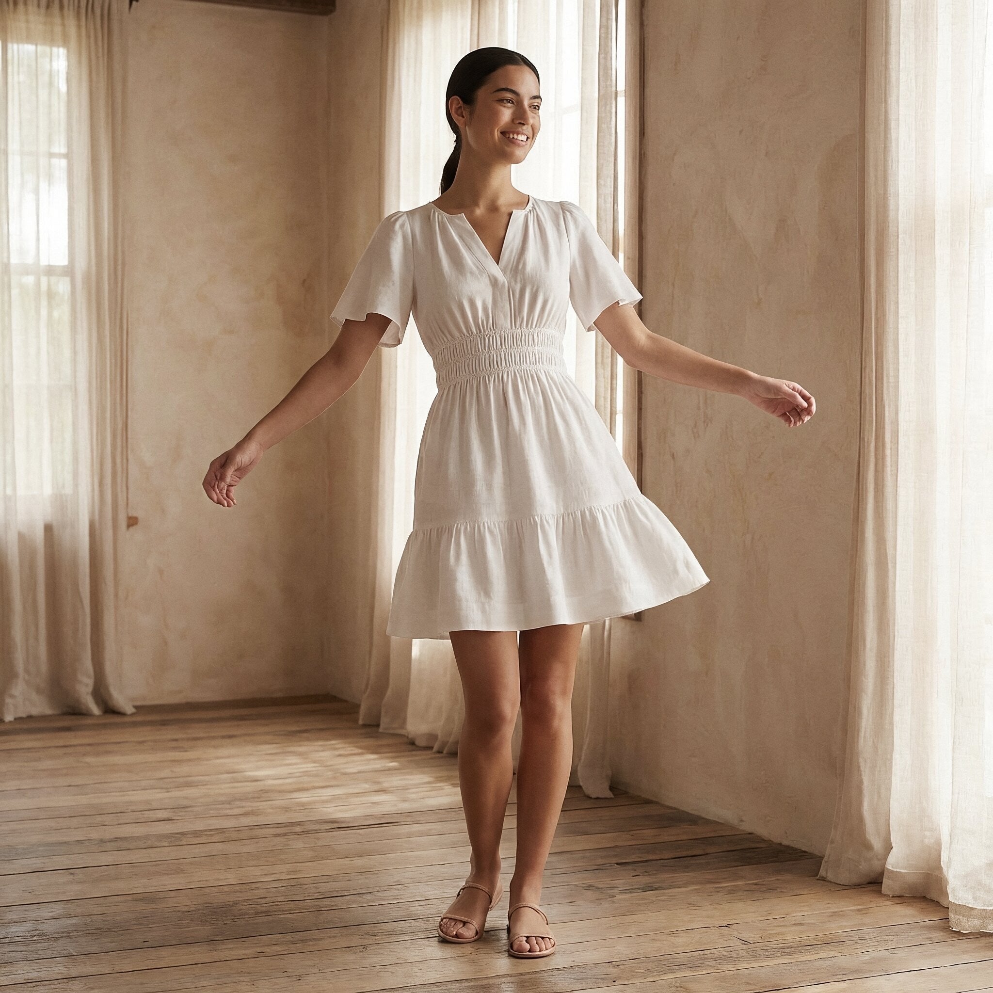 White Cotton Elasticated Short Tier Dress