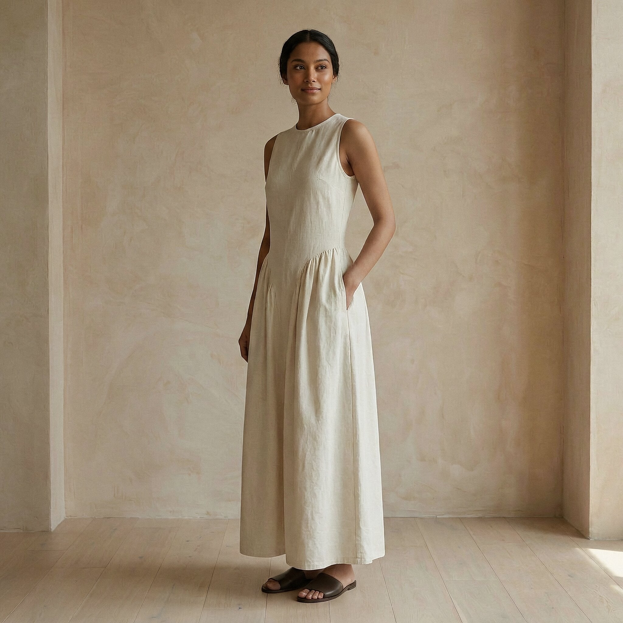 White Cotton Flannel Sleeveless Paneled Maxi Dress