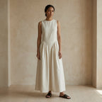 White Cotton Flannel Sleeveless Paneled Maxi Dress