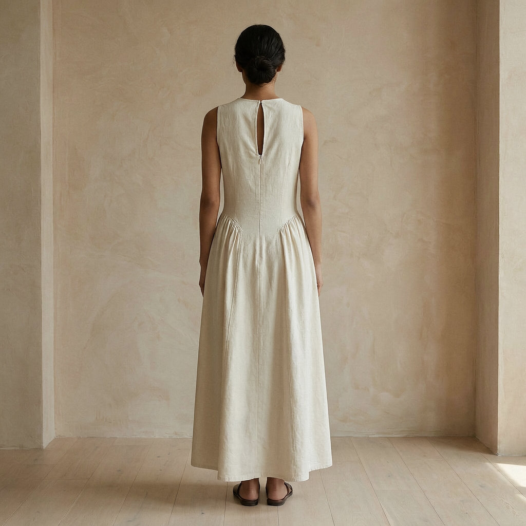 White Cotton Flannel Sleeveless Paneled Maxi Dress