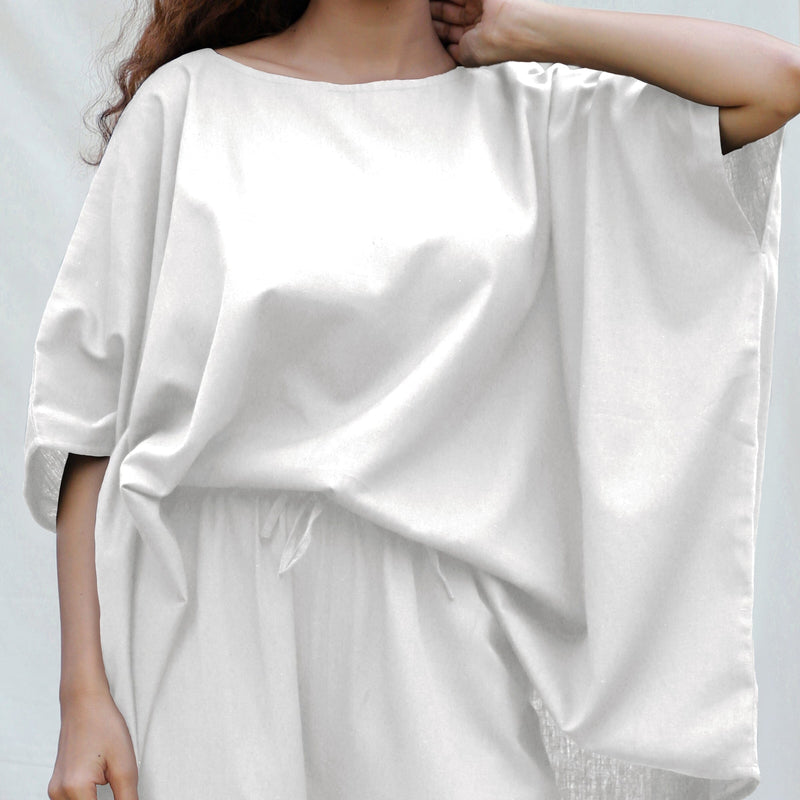 White Cotton Flax Boat Neck Short Kaftan Top