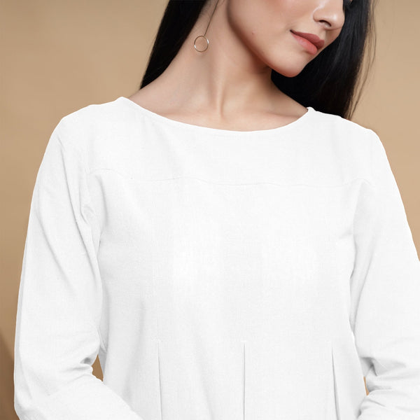 White Cotton Flax Box-Pleated High Low Top