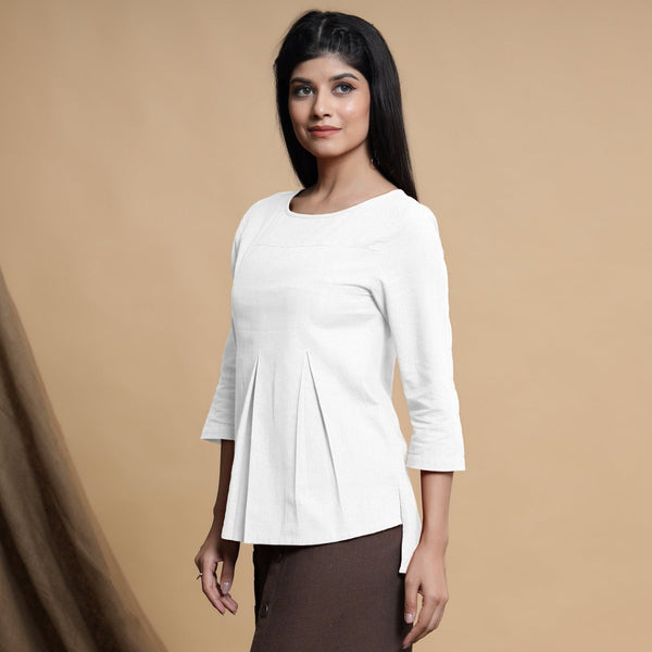 White Cotton Flax Box-Pleated High Low Top