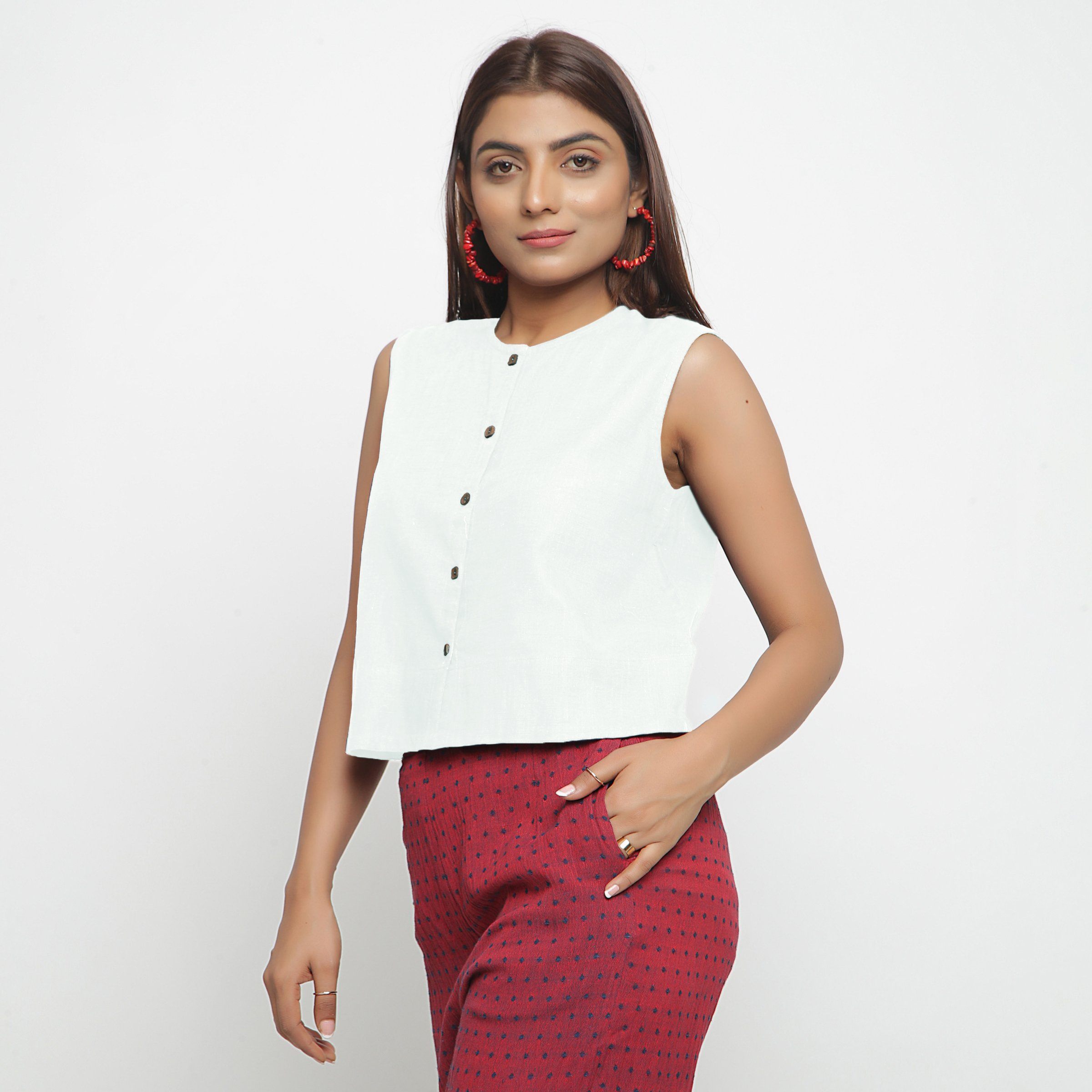 Left View of a Model wearing White Cotton Flax Button-Down Shirt