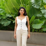 White Cotton Flax Button-Down Sweetheart Neck Waistcoat
