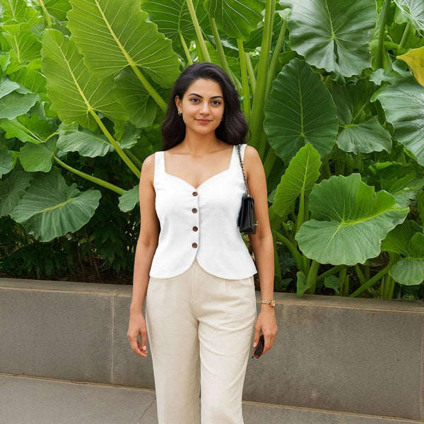 White Cotton Flax Button-Down Sweetheart Neck Waistcoat