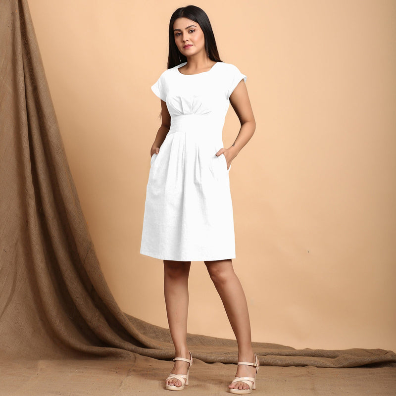 White Cotton Flax Cap Sleeves Pleated Short Dress