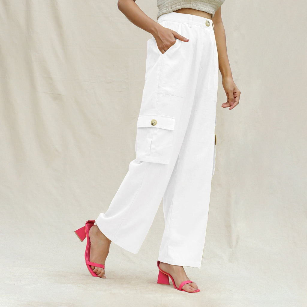 White Cotton Flax Elasticated High-Rise Cargo Pant